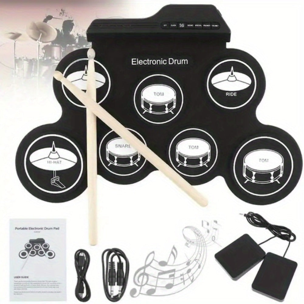 Batería electrónica, 7 pads enrollables, kit de batería midi portátil con altavoz incorporado/pedales/tomacables para auriculares, excelente regalo de vacaciones para principiantes