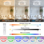 Ventilador de techo Ateroll con iluminación, diámetro 46 cm, ventilador de techo RGB con luz y control remoto, 6 niveles de viento, 3000 K - 6500 K, LED regulable, temporizador silencioso, luz de techo con ventilador para dormitorio, sala de estar