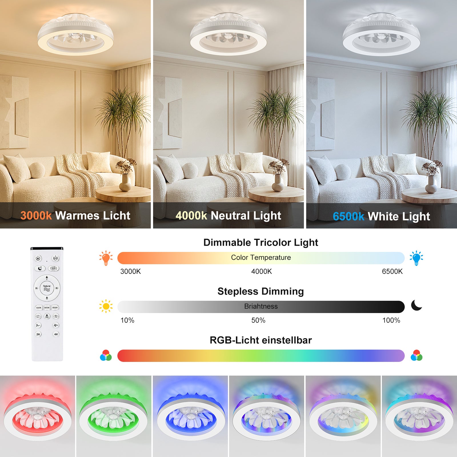 Ventilador de techo Ateroll con iluminación, diámetro 46 cm, ventilador de techo RGB con luz y control remoto, 6 niveles de viento, 3000 K - 6500 K, LED regulable, temporizador silencioso, luz de techo con ventilador para dormitorio, sala de estar