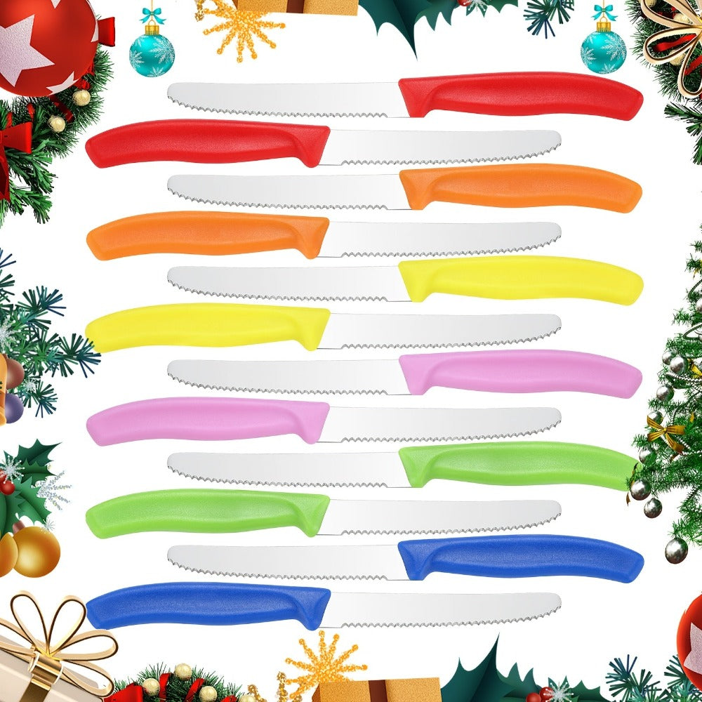 Día de la Asunción; Envío directo de la fábrica 12 piezas/juego Cuchillo de desayuno de colores mixtos, juego de cuchillos de bistec de acero inoxidable de alta gama, filo afilado, mango ergonómico, agarre cómodo, adecuado para 12 personas, adecuado para