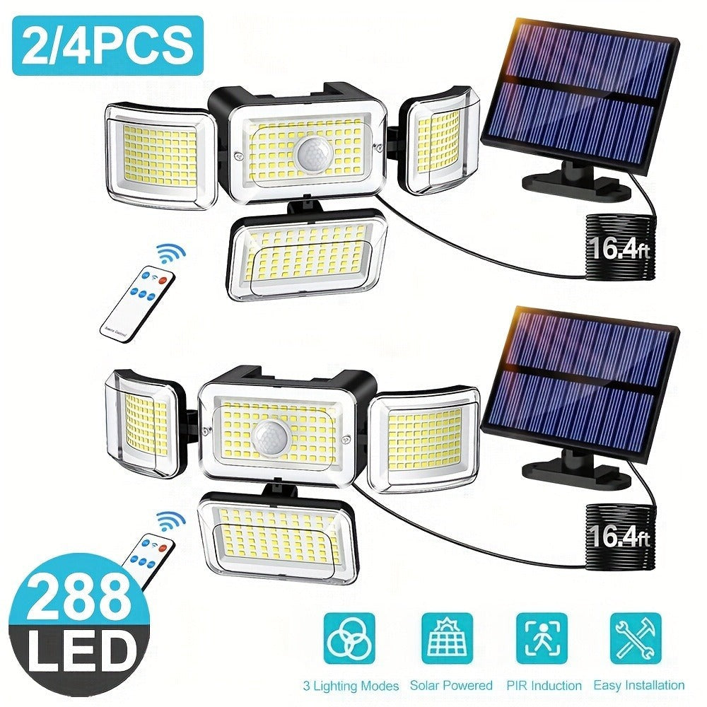 2/4 piezas de luces solares de pared para exteriores, 288 LED con sensor de movimiento y control remoto, 4 modos de iluminación para patio solar, focos de seguridad de gran angular de 270°, luz solar de pared de 4 cabezales para porche, jardín, garaje, te