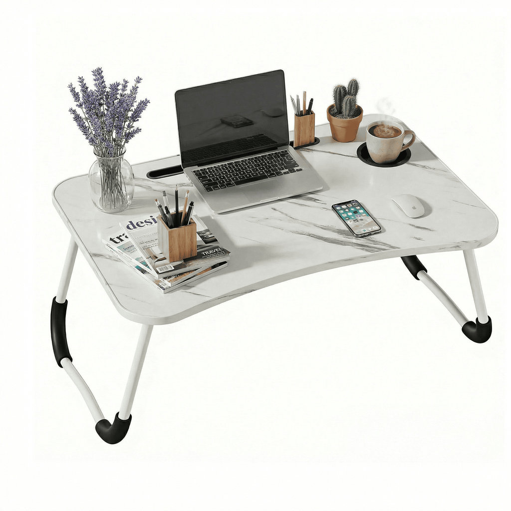 Mesa plegable para cama y sofá con portavasos, mesa auxiliar multifunción con atril para leer en la cama, bandeja multifunción para ordenador, libros, trabajo y estudio en casa (50x30x22cm)