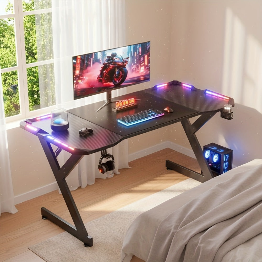 Escritorio gaming resistente en forma de Y con luces LED RGB duales, mesa de ordenador con portavasos y gancho para auriculares, superficie ergonómica de fibra de carbono, mesa para gamers para oficina en casa, dormitorio, negro