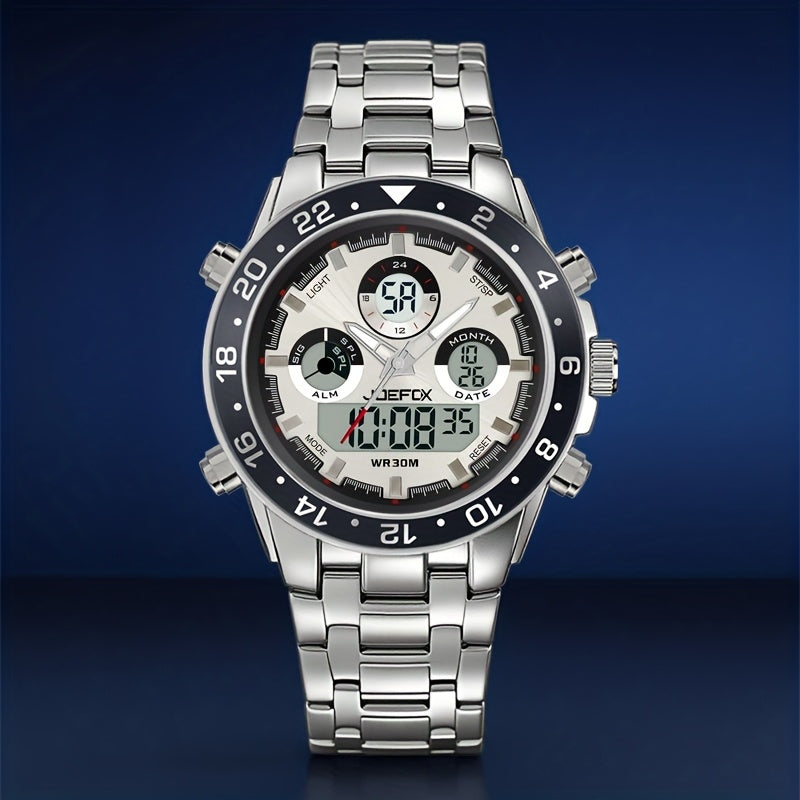 Reloj ejecutivo para hombre de inspiración vintage, cuarzo de doble pantalla con cronógrafo, alarma y fecha, correa de acero inoxidable, caja redonda de aleación de zinc, resistente al agua, a pilas