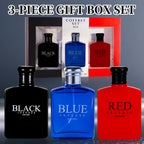 Un juego de tres colonias para hombre (botellas roja/negra/azul, se pueden vender por separado), con capas ricas de fragancia, que muestran el encanto individual y un temperamento maduro y misterioso