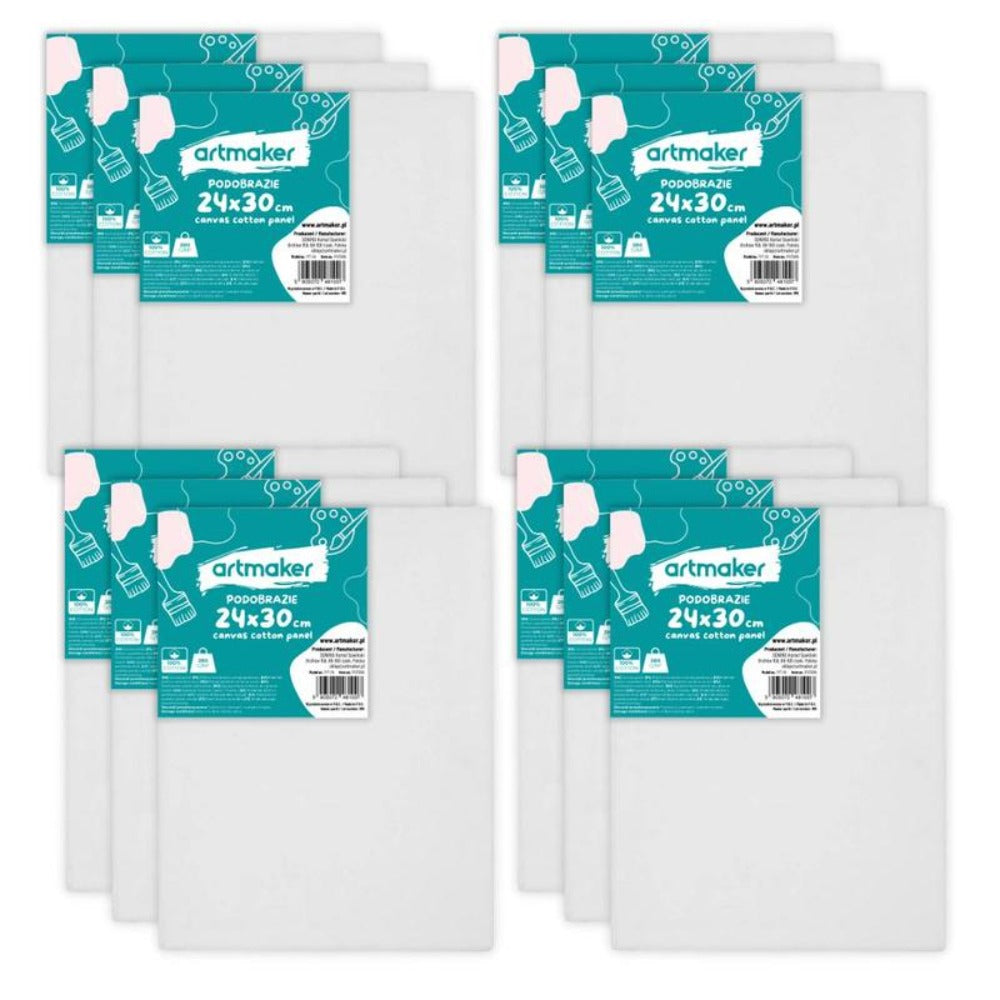 Panel de Lienzo para Pintura 24X30 Cm Set de 12 piezas Artmaker 100% 280 Gsm Pre-encalado para Acrílico Óleo Acuarela Guache Pastel Ceras para Pintores Profesionales y Aficionados Superficie de Pintura Blanca 3 Mm de Grosor Listo para Usar Aplicación Univ