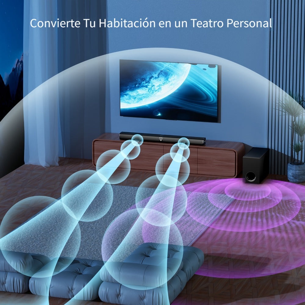 Barra de sonido con subwoofer, barra de sonido para Smart TV, con graves profundos, aumento de volumen y 3 modos de ecualizador, conexión inalámbrica/ARC/óptica/AUX, barra de sonido desmontable con control remoto por infrarrojos