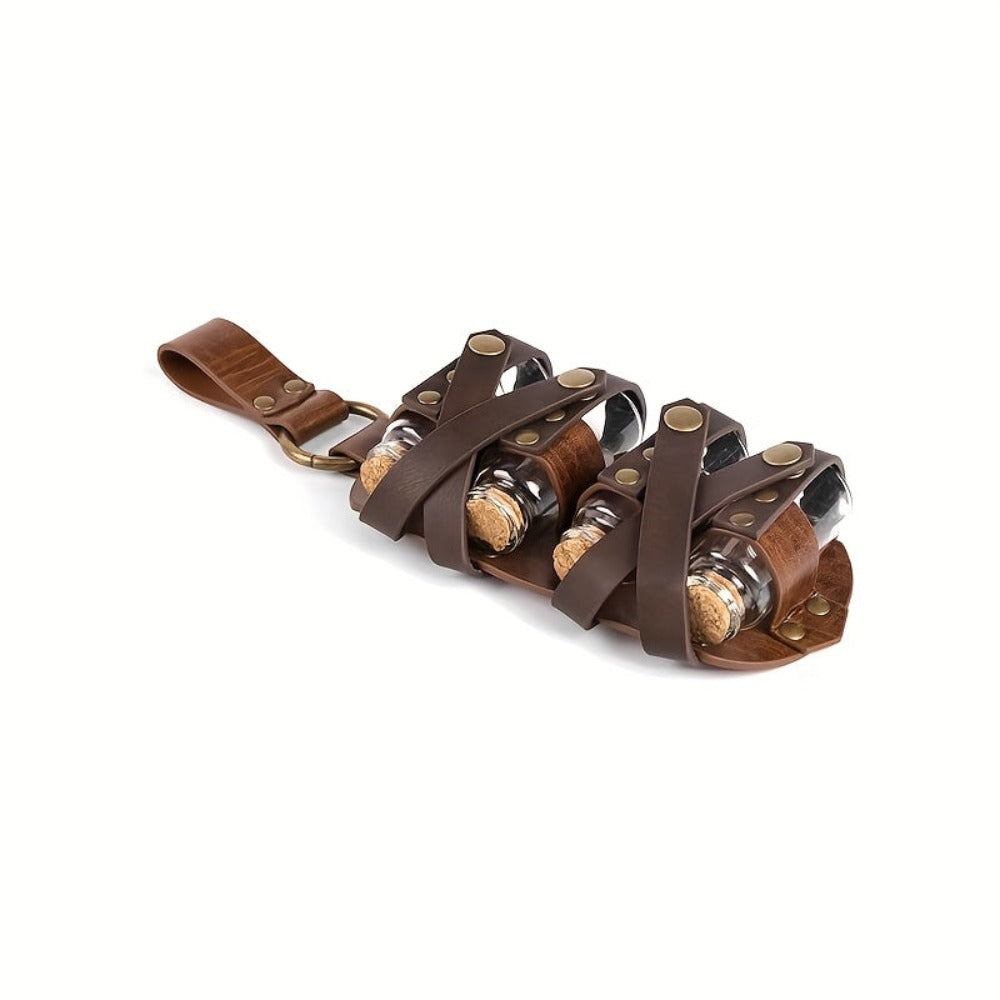 Juego de 5 piezas de cinturón medieval vintage con hebilla de cuero sintético repujado, riñonera portátil renacentista, bolsa lateral, riñonera con remaches, bolsa de dados con 8 botellas de corcho, accesorios de cinturón de botellas de poción de mago de