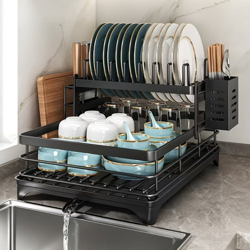 1pc Organizador de Platos de Metal - Organizador de Encimera de Cocina Ahorrador de Espacio con Escurridor, Soporte para Utensilios y Ganchos para Tazas, Estante Plegable de Dos Niveles para Platos, Tazones, Cubiertos - Ideal para Cocinas D