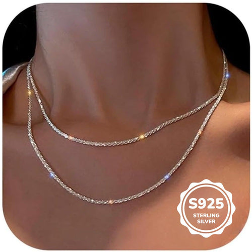 2 collares de plata 925 para mujer - Collar apilable ajustable con cadena de Singapur en capas - Cadena de cuerda cortada brillante product image