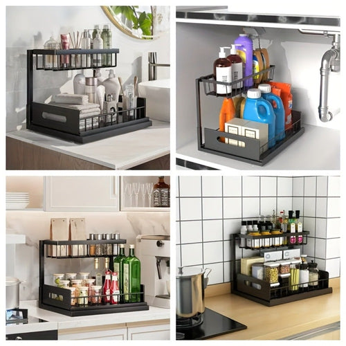 2 estantes metálicos para fregadero, estantes de almacenamiento de gabinete de 2 pisos con cajones deslizantes, gabinetes de almacenamiento extraíbles para fregadero, cocina, baño, despensa, estantes multiusos para fregadero, organizadores 