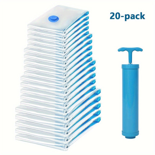 20 piezas de bolsas de almacenamiento de compresión al vacío con bomba manual, varios tamaños, transparentes, recipientes de almacenamiento de plástico sellados para ropa, mantas, camisas, organizador de ahorro de espacio para el hogar prod