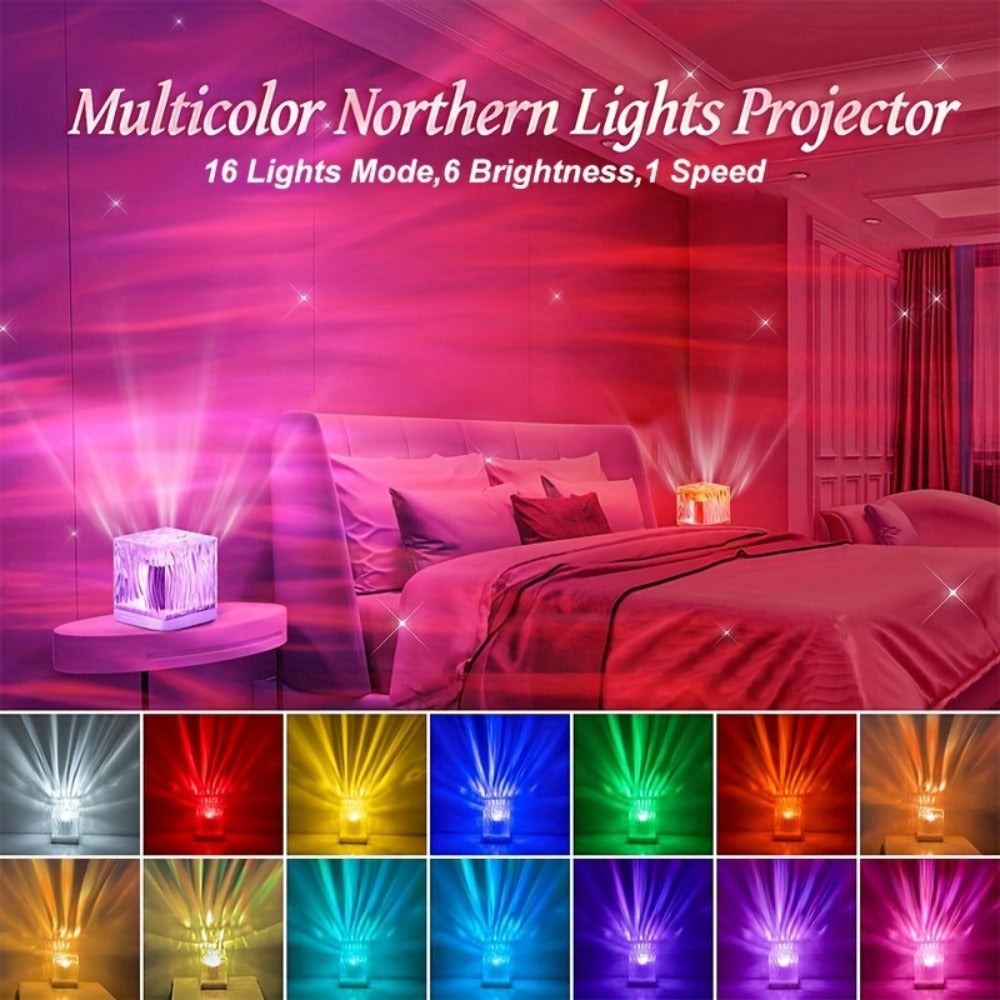 1 Proyector Inalámbrico de Luz Aurora y Estrellas de 16 Colores con Control Remoto - Batería Incorporada, Recargable por USB, Brillo Ajustable, Lámpara de Noche LED Aurora de Mesa, Luz Ambiental RGB, Perfecto para Ambiente de Dormitorio, Sala de Juegos, F