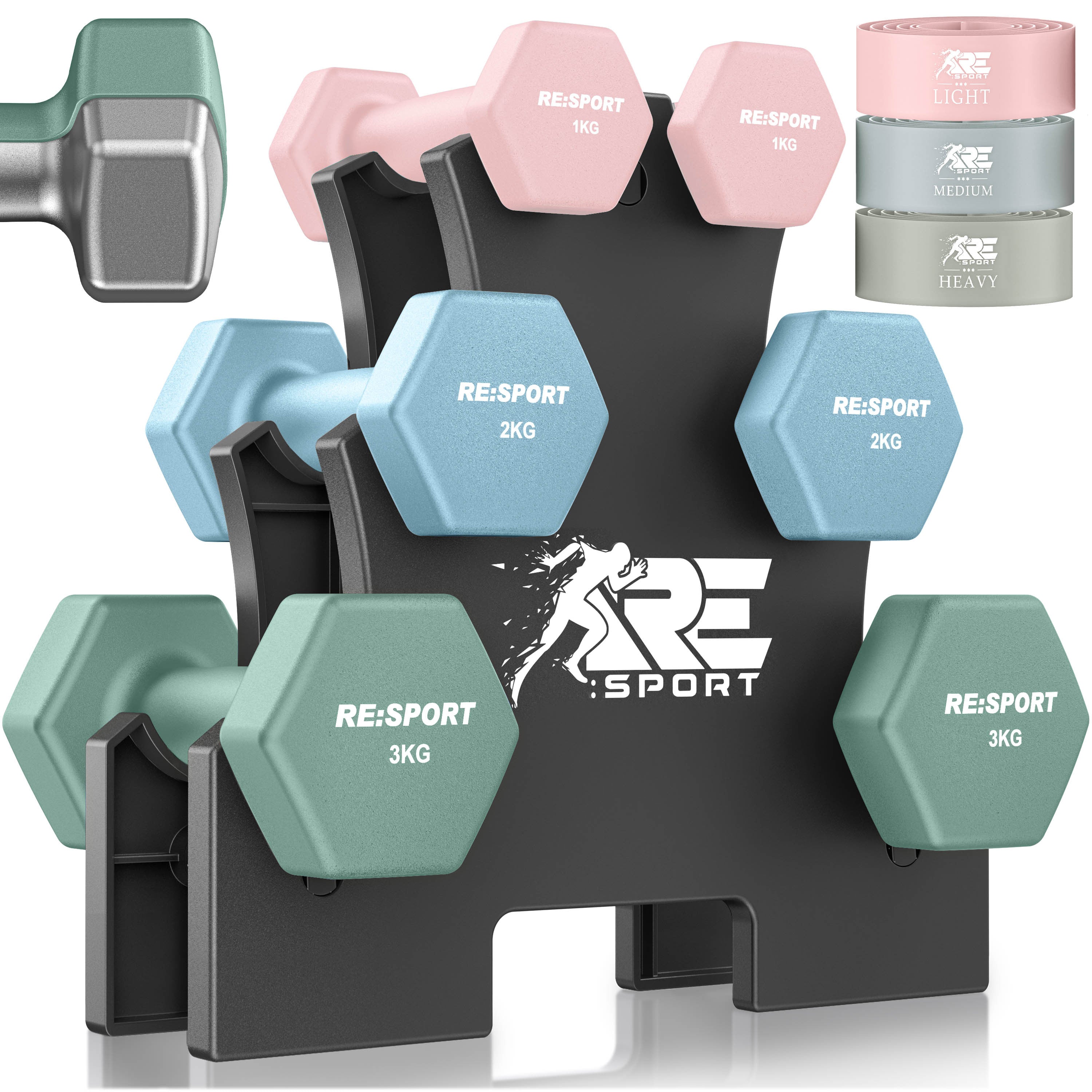 RE:SPORT® Juego de Mancuernas 3 Pares, 1Kg - 5Kg, 12Kg o 18Kg con Soporte y 3 Bandas Elásticas Fitness | Mancuernas Cortas Antideslizantes de Neopreno para Mujeres y Hombres | Juego de Mancuernas