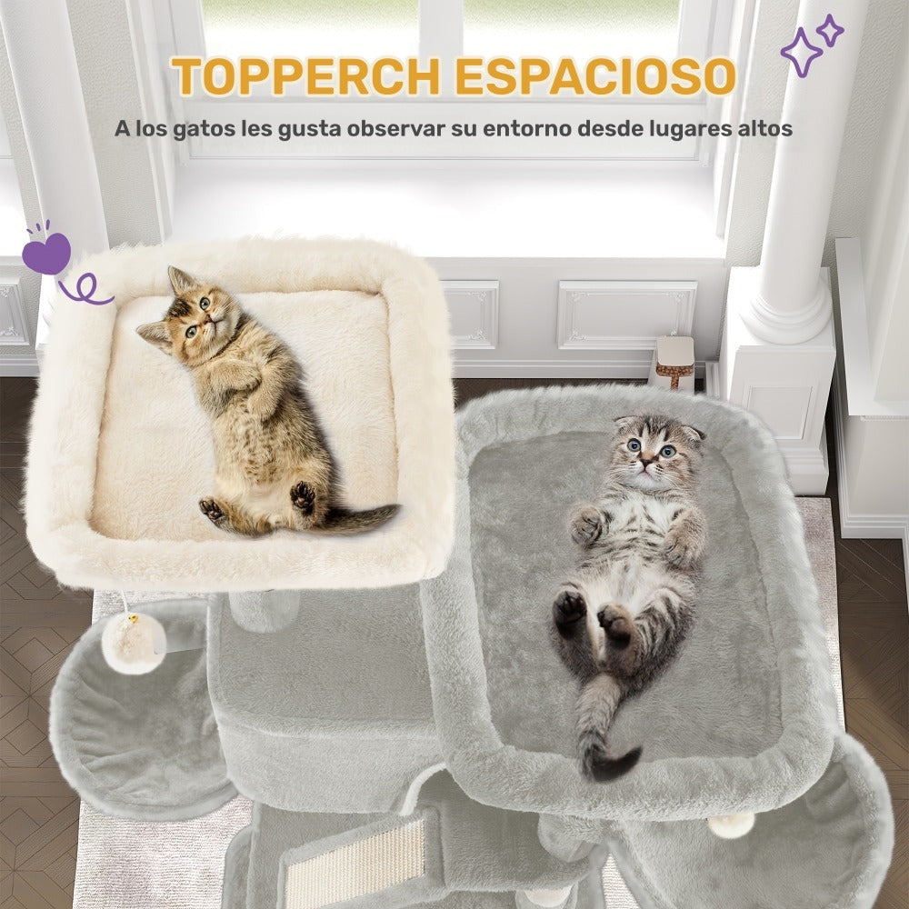Árbol para Gatos de 185 cm, Torre Grande para Gatos de Interior, Mueble para Gatos con 2 Plataformas, 3 Condominios, 6 Postes para Rascar, 2 Cestas, Pompones y Cojín Lavable