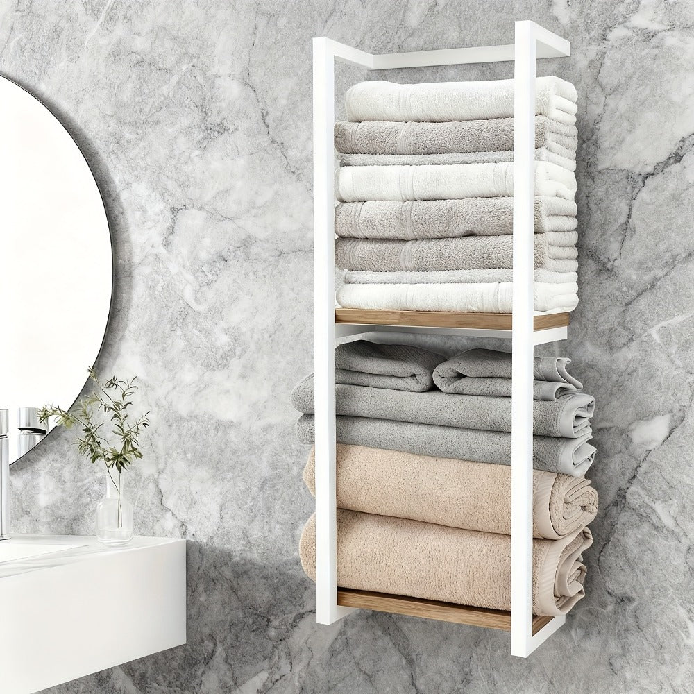 Estante de baño que ahorra espacio - Combo multifuncional de acero/madera, toallero de pared con soporte para artículos esenciales | Almacenamiento compacto para baños pequeños, apartamentos, residencias estudiantiles, toalleros
