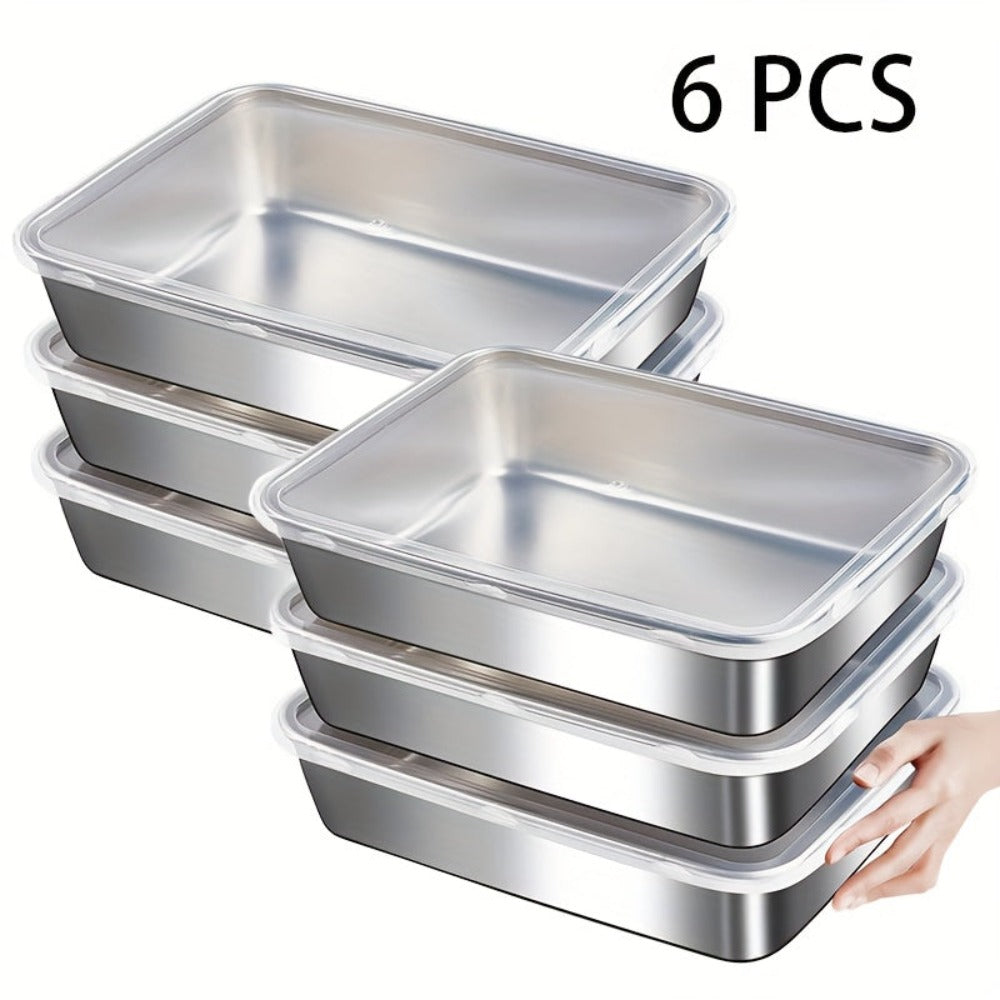 Juego de 6 recipientes de acero inoxidable para alimentos, apilables con tapas, aptos para microondas, con tapa abatible, cuadrados, adecuados para ensaladas, frutas, almacenamiento de alimentos, organizador de cocina, conservación de la frescura en el re