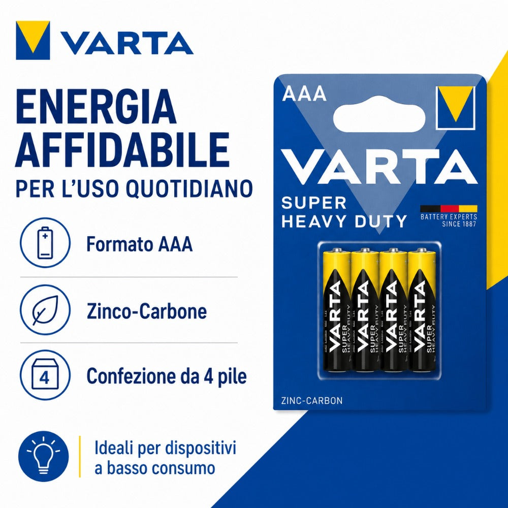 Caja de 12 pailas de 4 pilas AAA VARTA Super Heavy Duty de zinc-carbón de 1.5V R03 para controles remotos y relojes