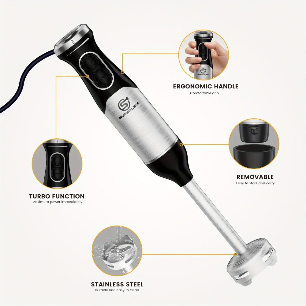 SUPERLEX Licuadora de Mano 600W - Batidor de Acero Inoxidable de Grado Alimenticio, 2 Velocidades (Alimentos Suaves/Duros) para Cocina Hogareña/Catering/Pequeños Negocios de Alimentos | Prepara Sopas, Salsas, Purés
