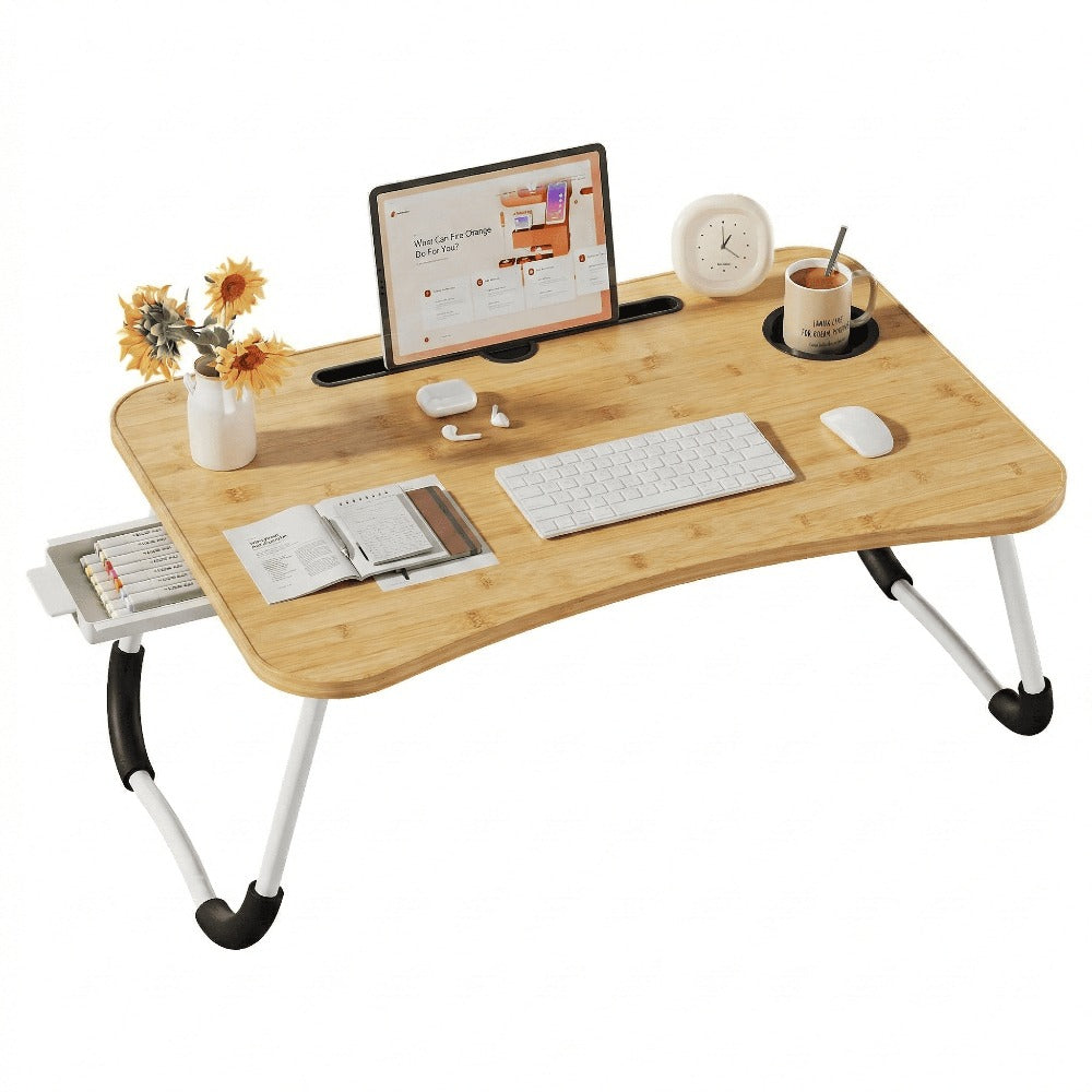 Mesa plegable multifunción para cama y sofá con portavasos, 60×40×28 cm, mesa auxiliar con atril para leer en la cama, bandeja multifunción para ordenador, libros, trabajo y estudio en casa (con cajón / sin cajón)