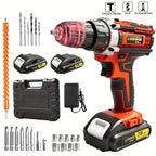 Juego de taladro inalámbrico. El nuevo taladro está equipado con un portabrocas sin llave de 3/8 de pulgada y una luz de trabajo. Tiene las funciones de un taladro de pistola T y un destornillador eléctrico ideal para proyectos domésticos. Con un diseño e