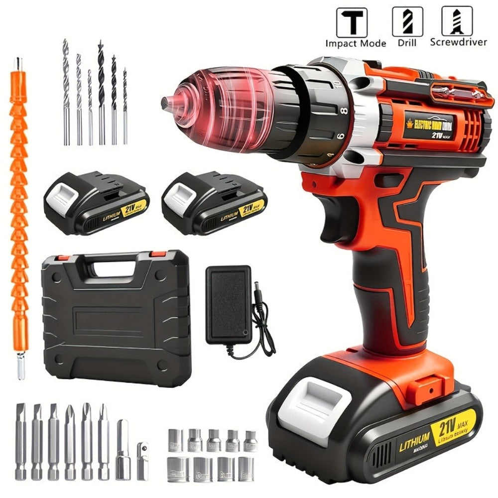 Juego de taladro inalámbrico. El nuevo taladro está equipado con un portabrocas sin llave de 3/8 de pulgada y una luz de trabajo. Tiene las funciones de un taladro de pistola T y un destornillador eléctrico ideal para proyectos domésticos. Con un diseño e