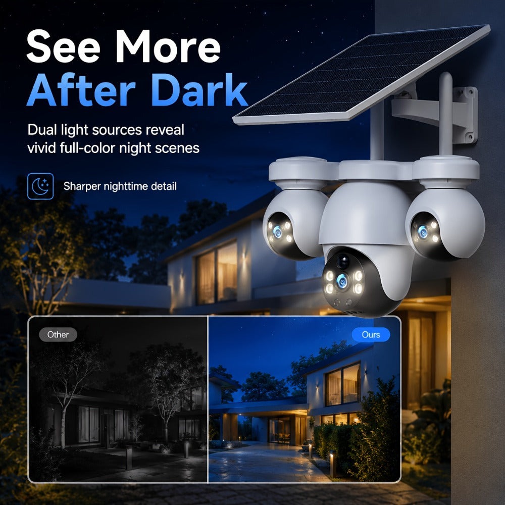 Cámara Solar Exterior V380MAX de Tres Lentes y Tres Ángulos, Cámara de Seguridad Inteligente Solar, Conexión WiFi Inalámbrica, Adecuada para Hogar, Tienda y Exteriores, Visión Nocturna en Color Ultra HD, Detección de Movimiento, Voz Bidireccional, Rotació