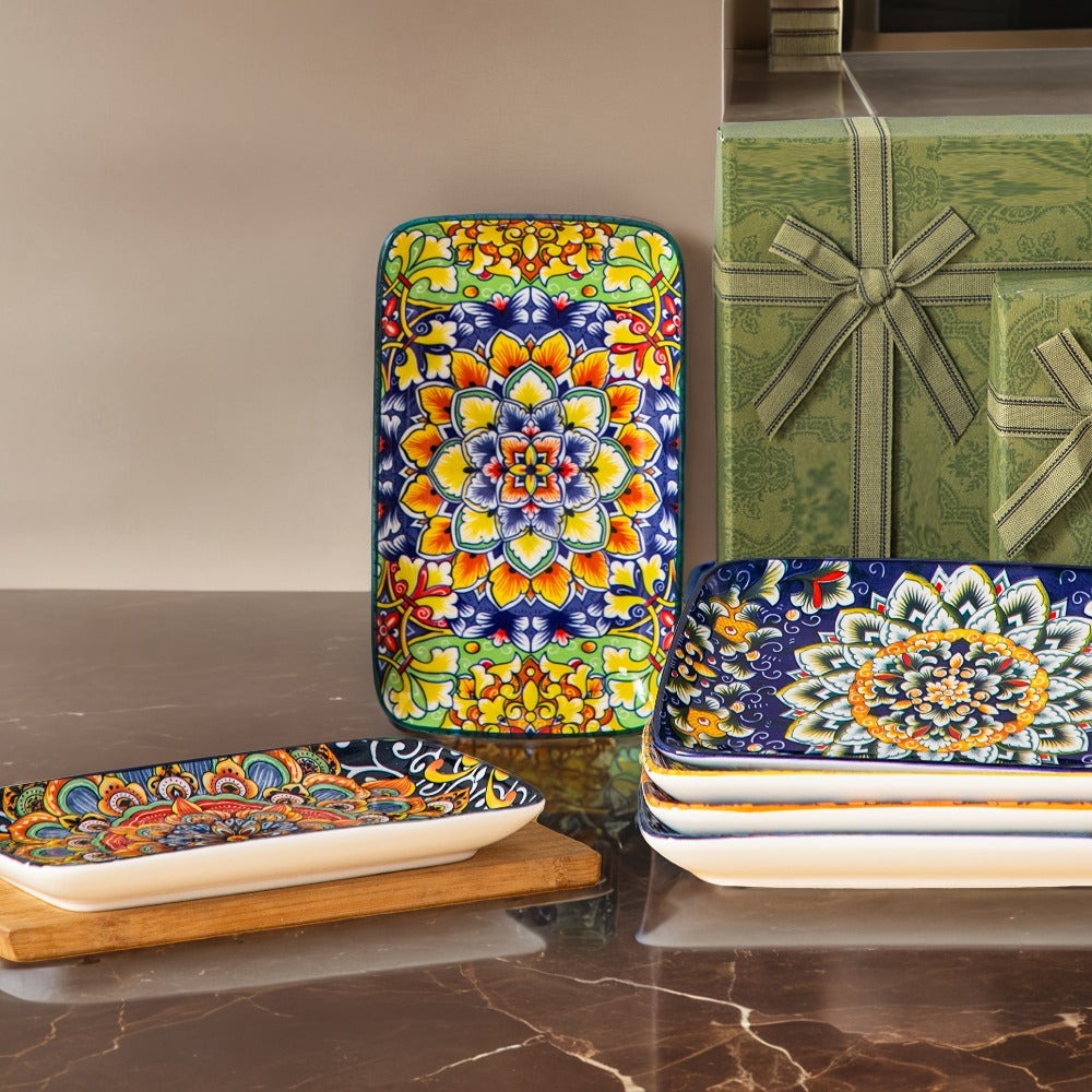 Platos de ensalada rectangulares de cerámica de 8,5 pulgadas (21,59 cm), platos de cena, platos de postre de pasta para aperitivo, sushi, frutas - Seguros para microondas/lavado a mano, juego de 6, regalos creativos para vacaciones