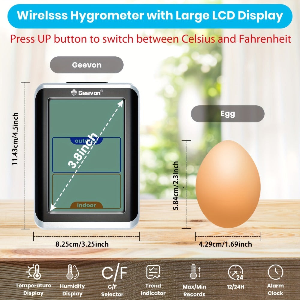 GEEVON Termómetro y higrómetro digital inalámbrico con reloj - Uso interior/exterior, escala dual (Fahrenheit/Celsius), monitor de temperatura y humedad de alta precisión, montable en la pared