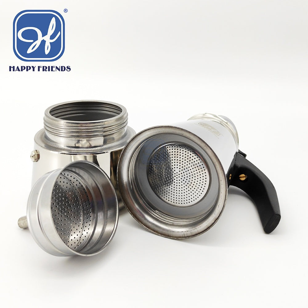 Cafetera Italiana de Acero Inoxidable para Espresso, Cafetera Moka Clásica, Mango Ergonómico de Agarre Frío, Ideal para Gas y Eléctrica (No apta para inducción Vitrocerámica), 2-12 tazas- Happy Friends