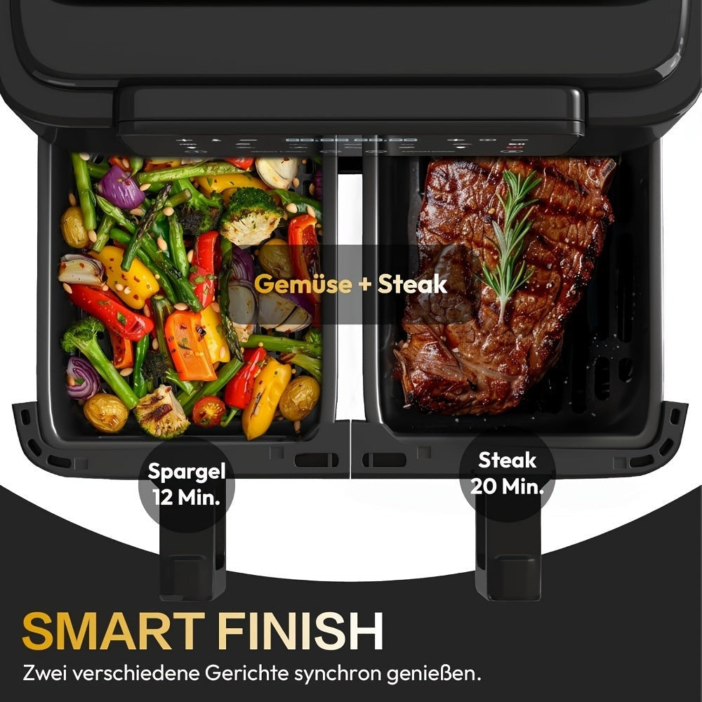 Freidora de Aire 9L XXL 9-en-1 Doble Zona con Ventana de Observación Freidora de Aire Sin Aceite 2 Cajones Pantalla Táctil Función Inteligente & Temporizador Freidora Saludable Baja en Grasa