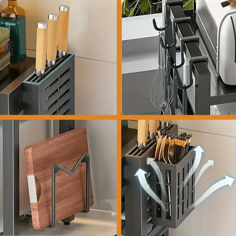 Estante de microondas expandible de metal resistente de 2/3 niveles con 6 ganchos, estante para condimentos, estante de almacenamiento, estante de almacenamiento de cocina ajustable que ahorra espacio, organizador de encimera, estante resistente sobre el