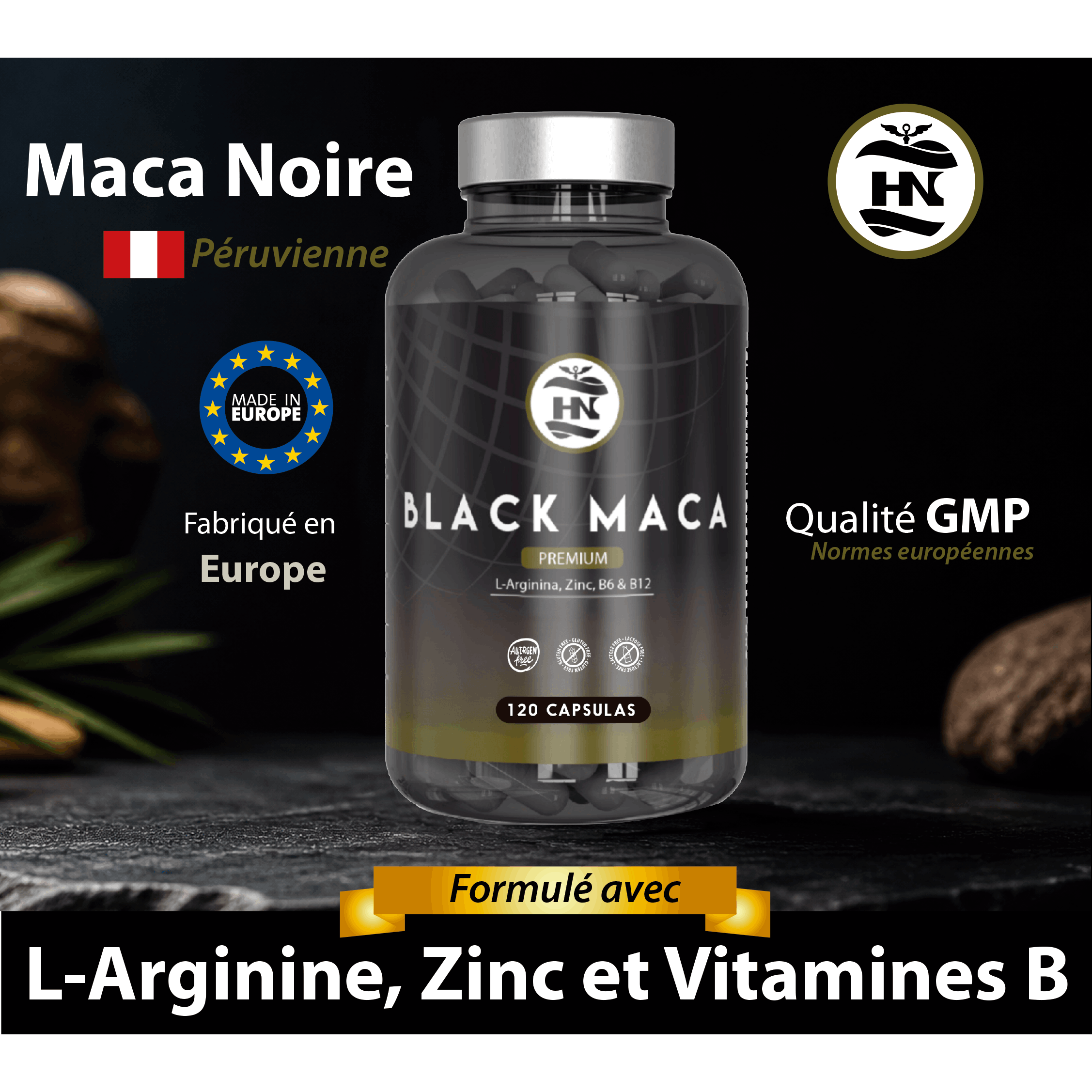 HN - Healthy Nutrition Maca Negra Andina con L-Arginina y Zinc – Suplemento con Vitaminas B6 y B12 – 120 Cápsulas Vegetales