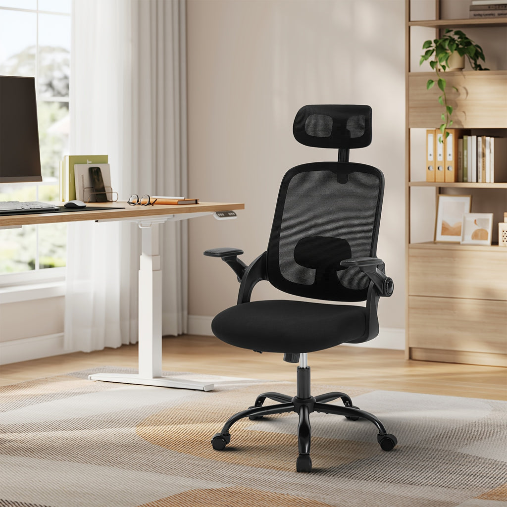 Silla de oficina ergonómica, silla de escritorio con reposacabezas ajustable, soporte lumbar, función de balanceo, reposabrazos plegables, silla para oficina en casa, silla de trabajo