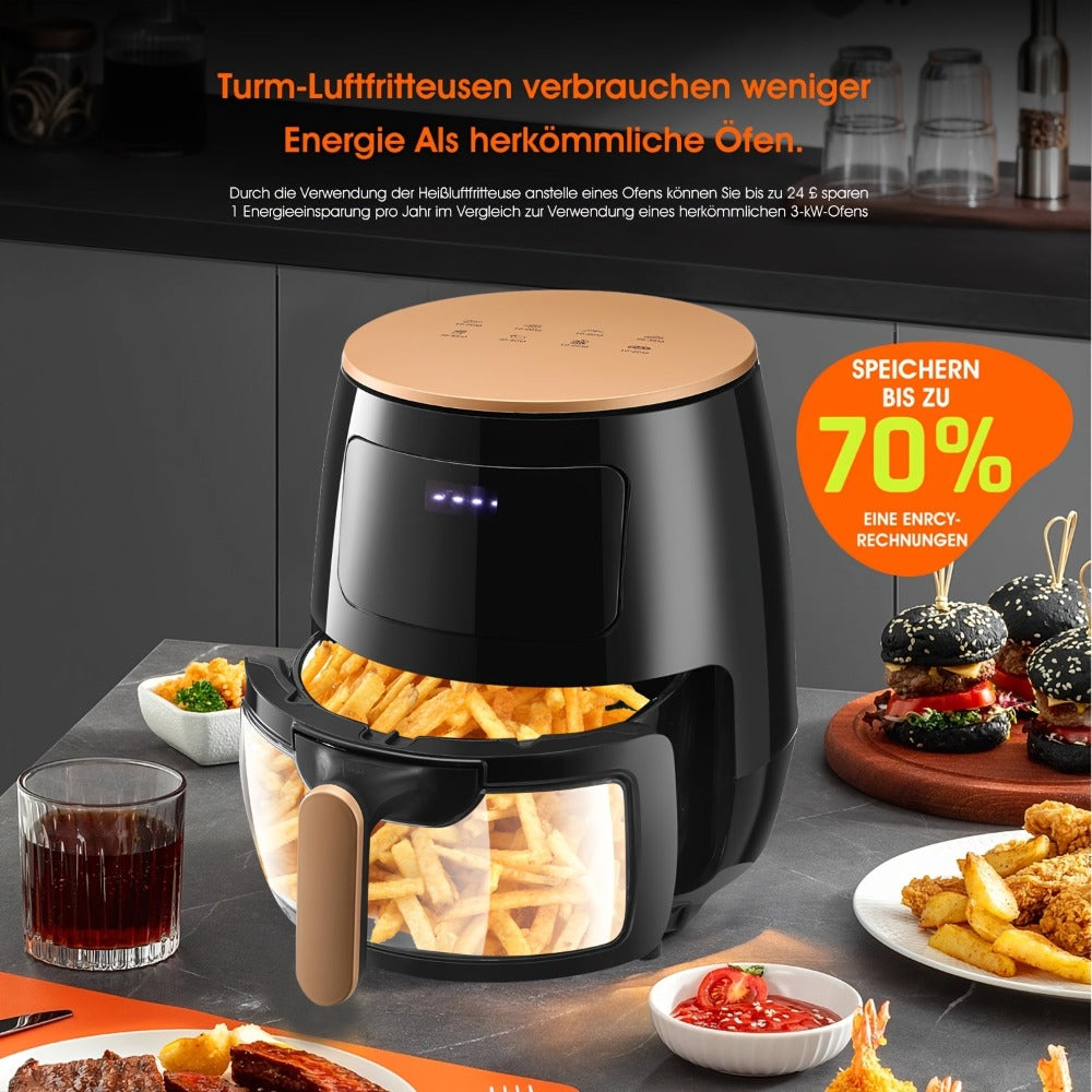 Freidora de aire multifunción 6 en 1 con pantalla táctil LED digital y ventana de visualización - 6 litros, cesta de acero inoxidable y bandeja crujiente, calentamiento/precocinado, fritura saludable sin aceite, cocción rápida de 1400 W (compatible con en