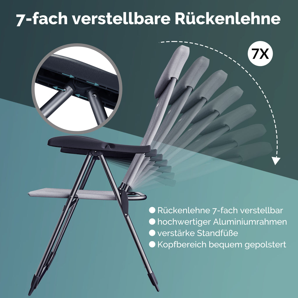 CASARIA® Sillas de Jardín Juego de 4 Plegables Ajustables en 7 Direcciones de Aluminio con Respaldo Alto Función Reclinable Silla de Camping Plegable para Balcón Silla Plegable Respaldo Alto