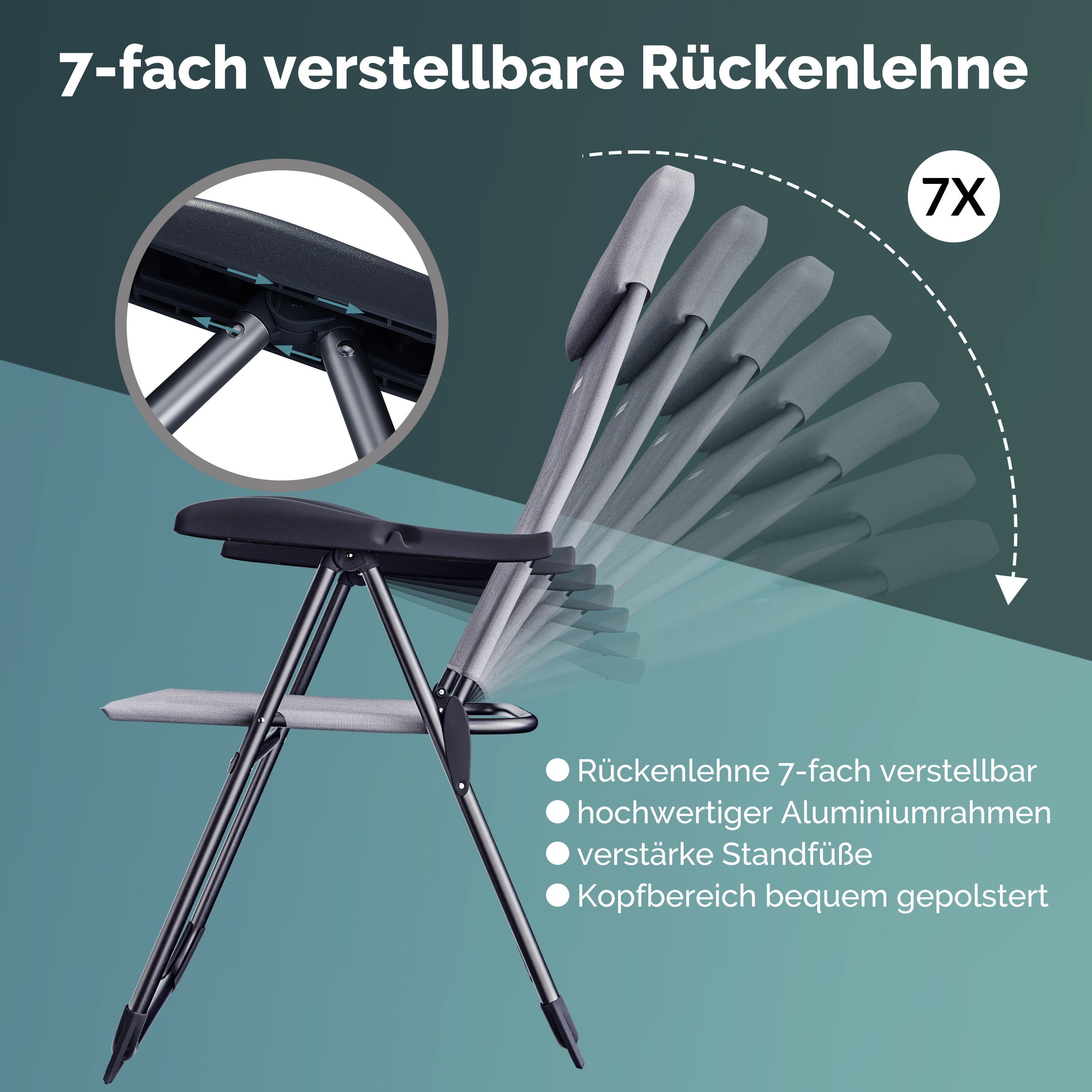 CASARIA® Sillas de Jardín Juego de 4 Plegables Ajustables en 7 Direcciones de Aluminio con Respaldo Alto Función Reclinable Silla de Camping Plegable para Balcón Silla Plegable Respaldo Alto