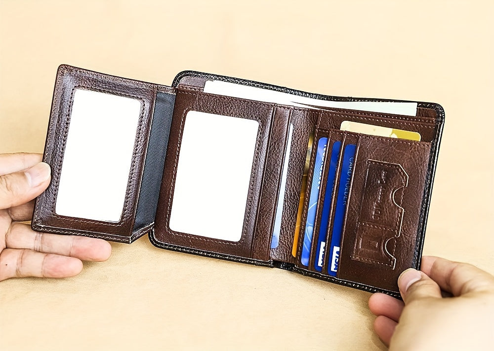 Cartera de Cuero Genuino para Hombre con Juego de Tarjetas de Bendición, Bloqueo RFID, Ultra Delgada, Piel de Vaca de Primera Calidad, Porta Tarjetas de Identificación y Crédito Multifuncional Compacto, Regalo para Navidad, Día de San Valentín y Día del P