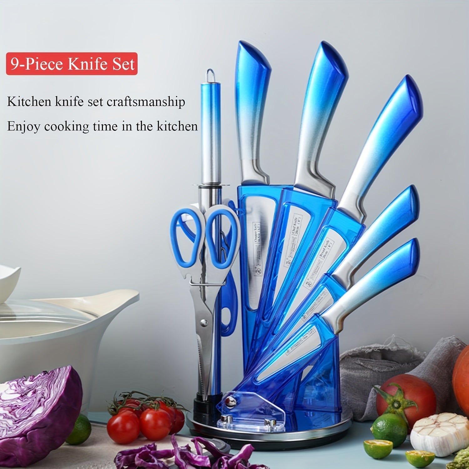 Colección de 9 cuchillos de cocina, fabricados con acero inoxidable forjado de alto carbono con mangos degradados vibrantes, elegantemente empaquetados para regalar, perfectos para el hogar o como regalos navideños - Disponibles en azul, negro, rojo y mor