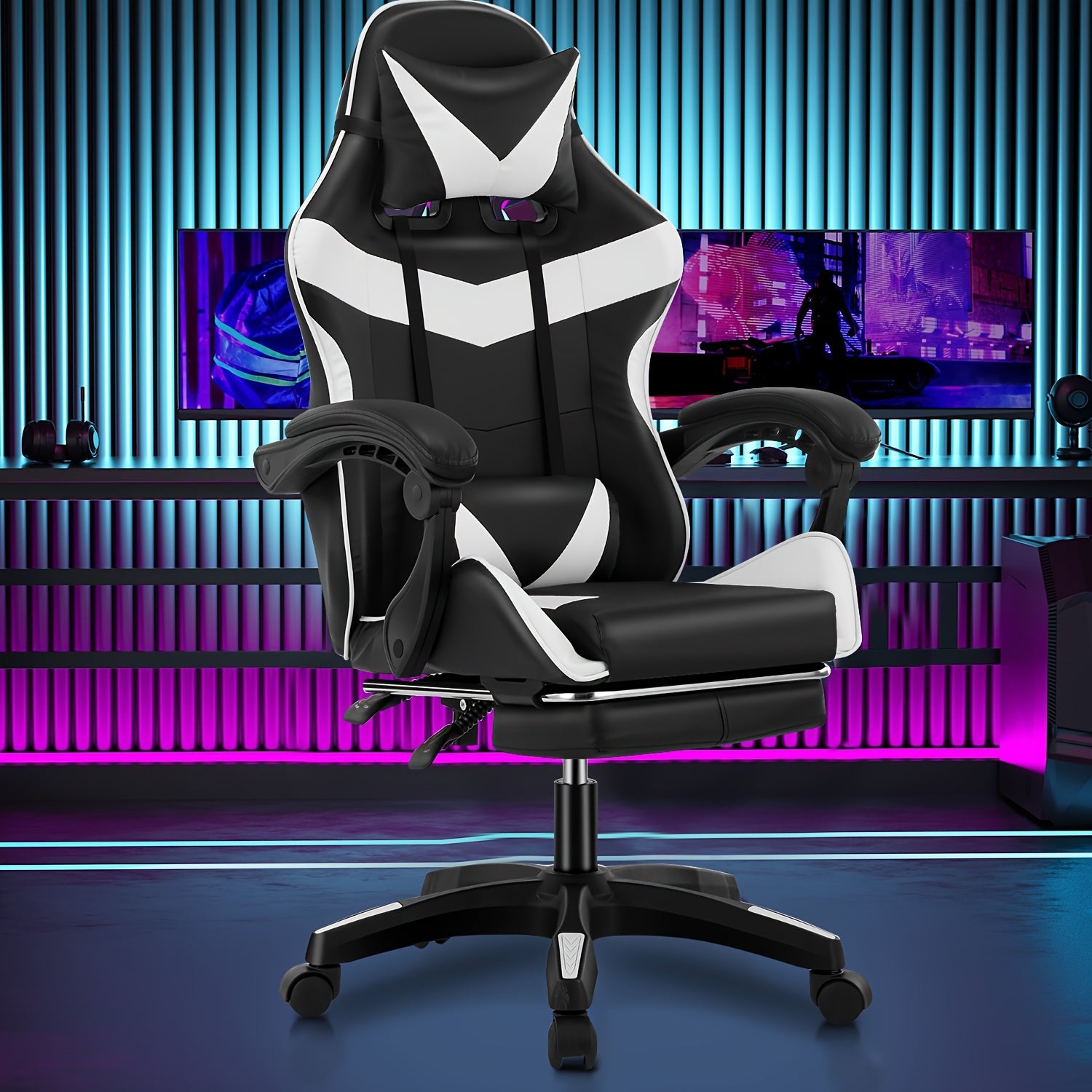 Silla de oficina ergonómica diseñada para gaming, con reposapiés, respaldo alto, giro ajustable y soporte lumbar, hecha de cuero PU en estilo racing para entusiastas de los E-Sports