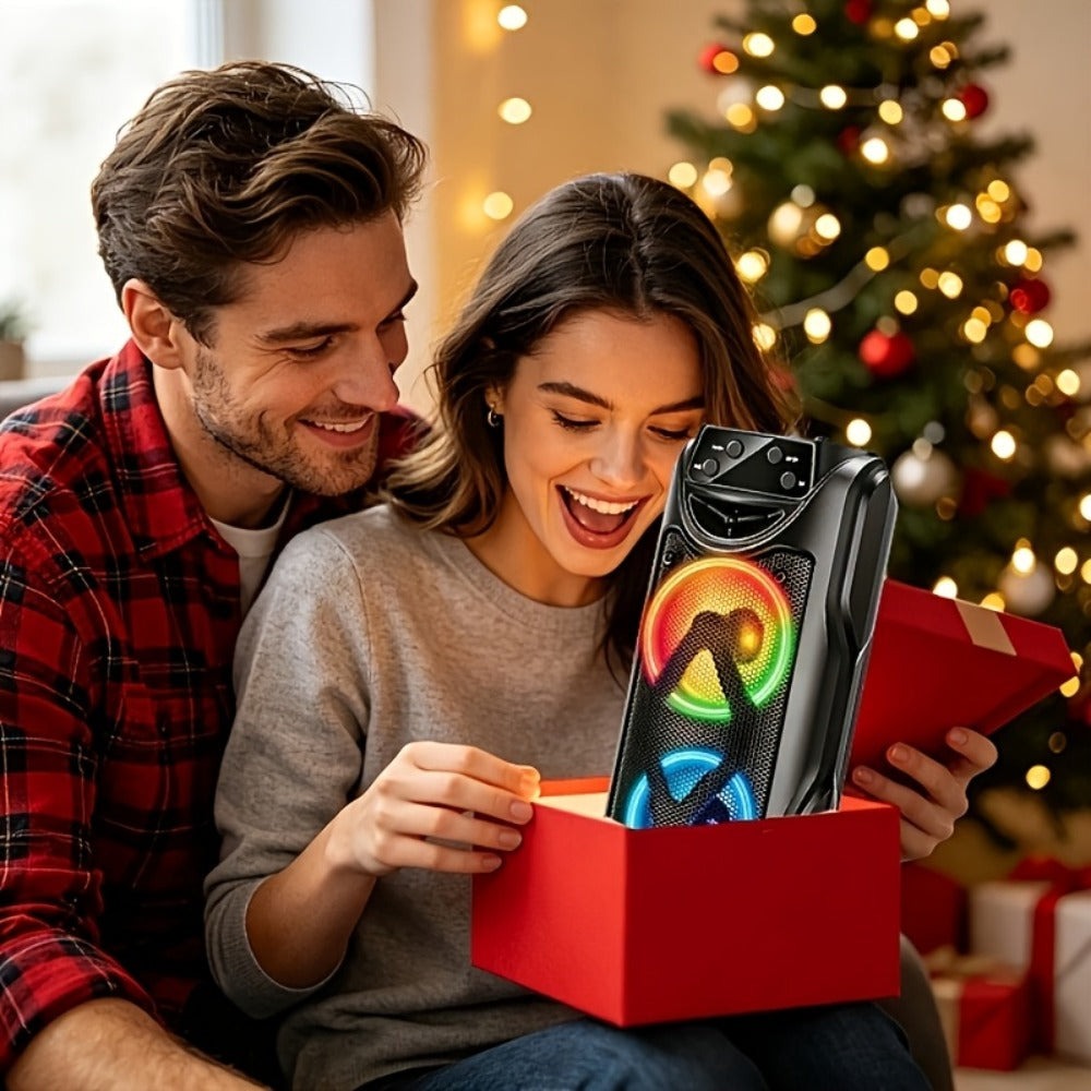 Altavoz Bluetooth portátil de mano, altavoz estéreo sin varillas compacto con luces RGB coloridas, altavoz de viaje con graves potentes y múltiples modos de reproducción para fiestas en interiores y exteriores y partidos de fútbol