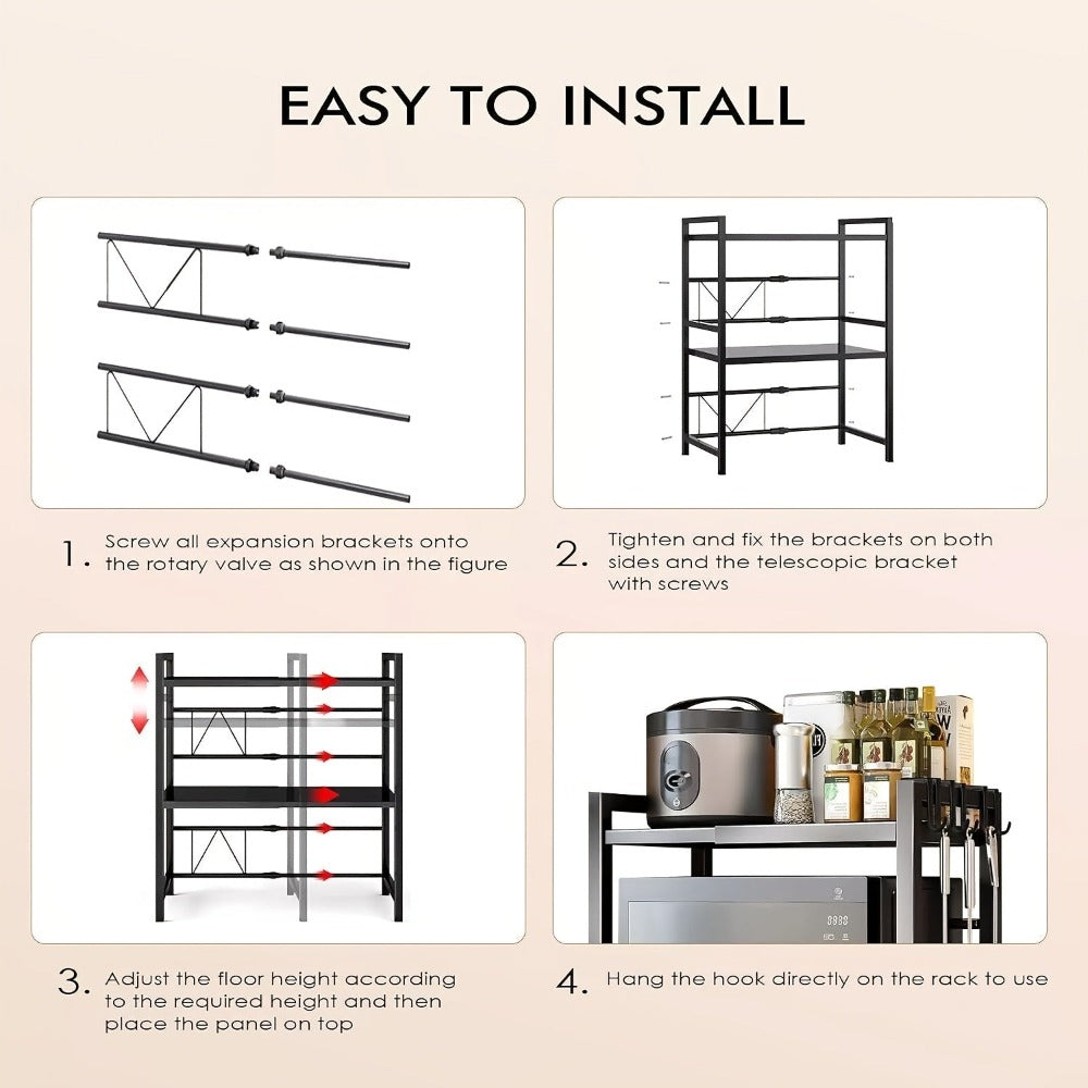 Estante para Microondas, Estante de Cocina Retráctil de 3 Niveles, con 6 Ganchos, 3 Soportes para Toallas y Soporte para Tablas de Cortar. Adecuado para Estante de Cocina, Estante de Especias y Gabinete de Microondas. Longitud Retráctil de 40cm a 64cm, Es