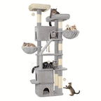 Poste Rascador Grande de 185cm, Torre para Gatos XXL, Árbol para Gato Maine con 7 Niveles y 3 Cuevas, Postes Rascadores, Gris Claro