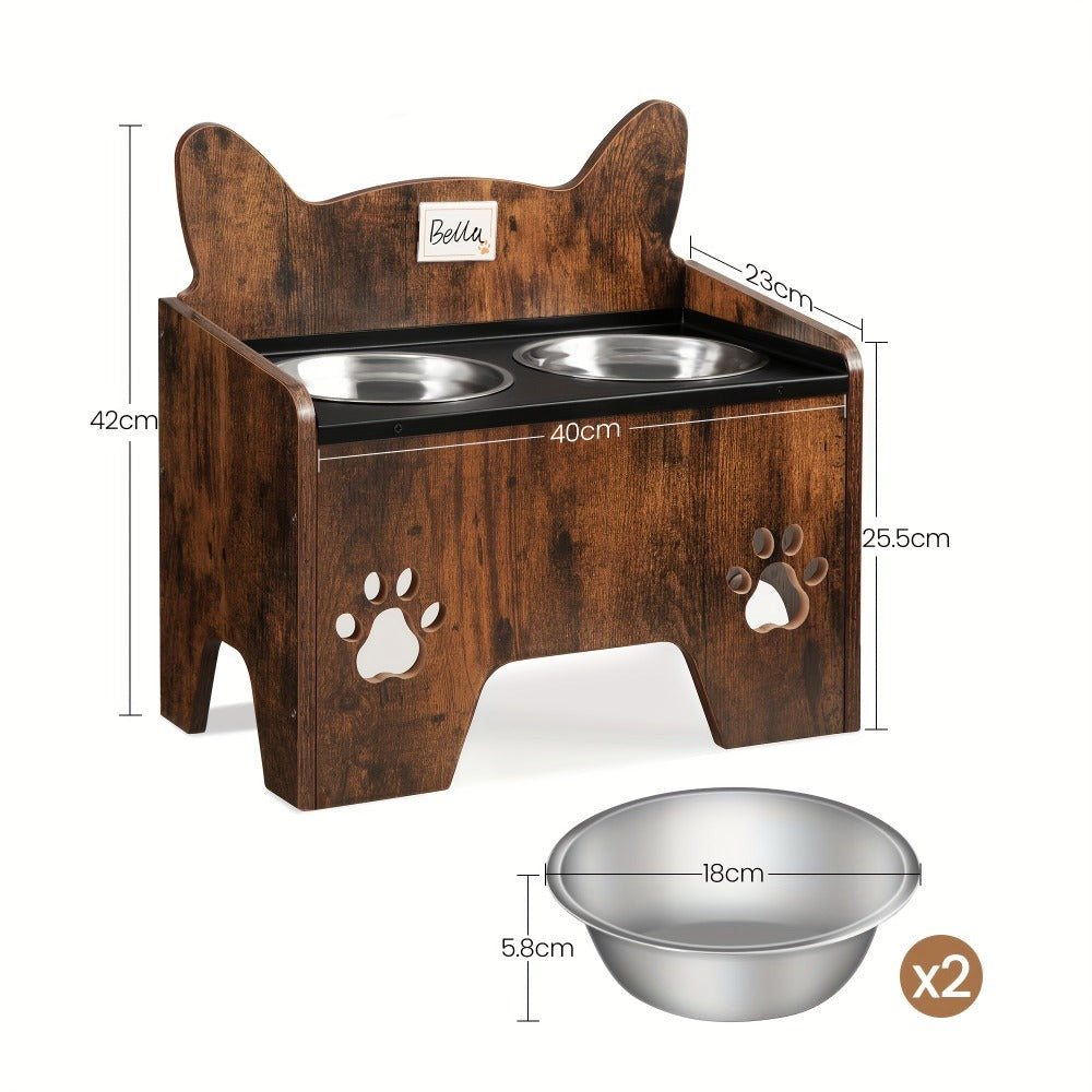 Comedero Elevado para Mascotas con Dos Tazas de Acero Inoxidable, Diseñado para Evitar Derrames, Apto para Perros de Todo Tamaño, con un Diseño Vintage Marrón y Negro