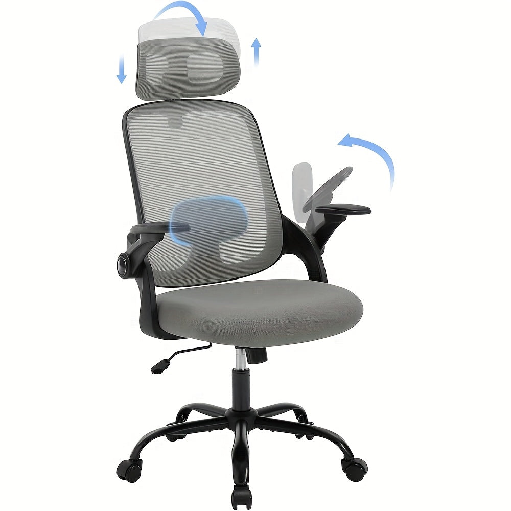 Silla de oficina ergonómica, silla de escritorio con reposacabezas ajustable, soporte lumbar, función de balanceo, reposabrazos plegables, silla para oficina en casa, silla de trabajo