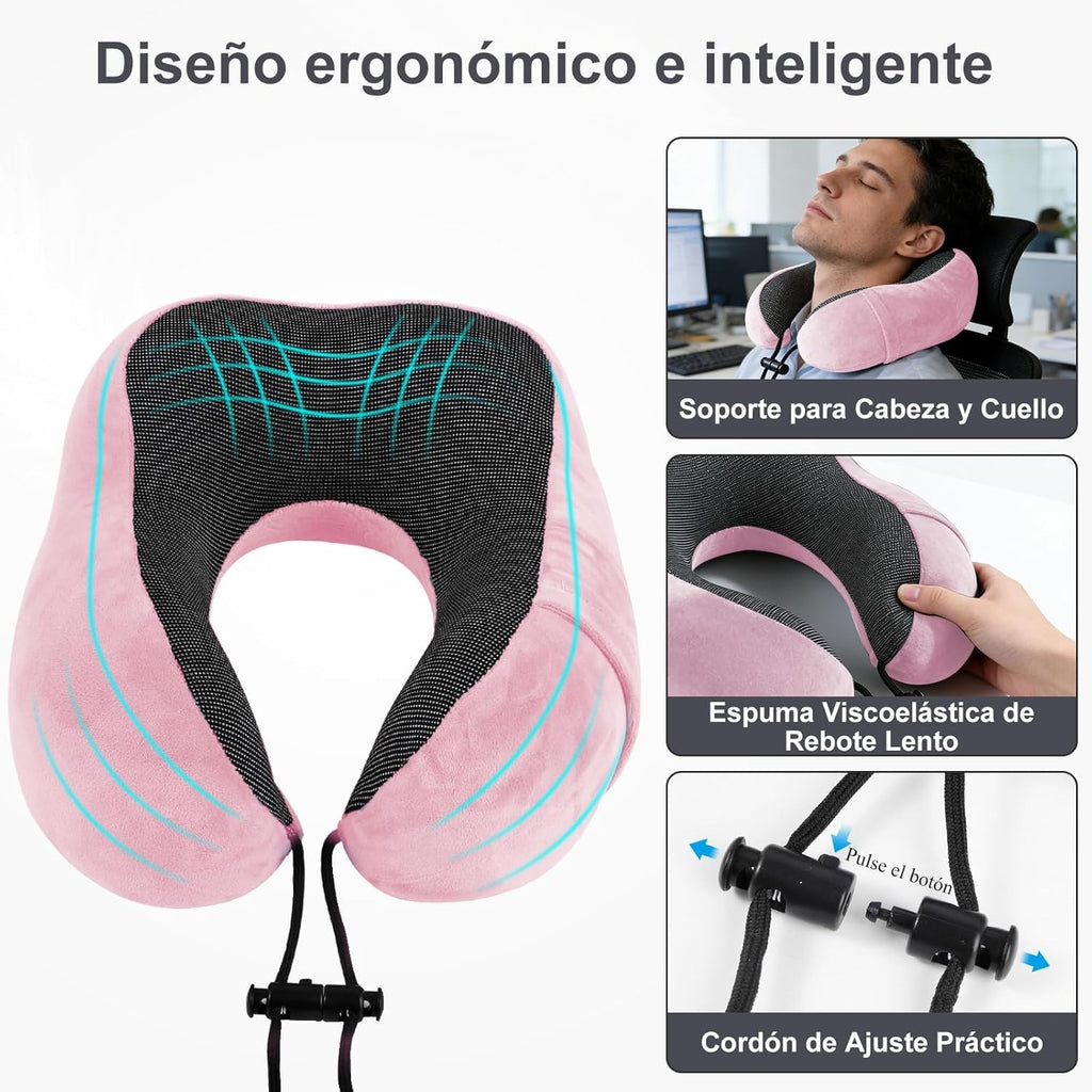 Una Almohada Cervical Ergonómica en Forma de U con Bolsa de Almacenamiento, Espuma de Memoria con Tecnología de Rebote Lento, Funda Lavable a Máquina, Ligera y Portátil para Avión, Oficina y Hogar, Apoya Cuello y Cabeza, Ideal para Siestas, Lectura y Ver