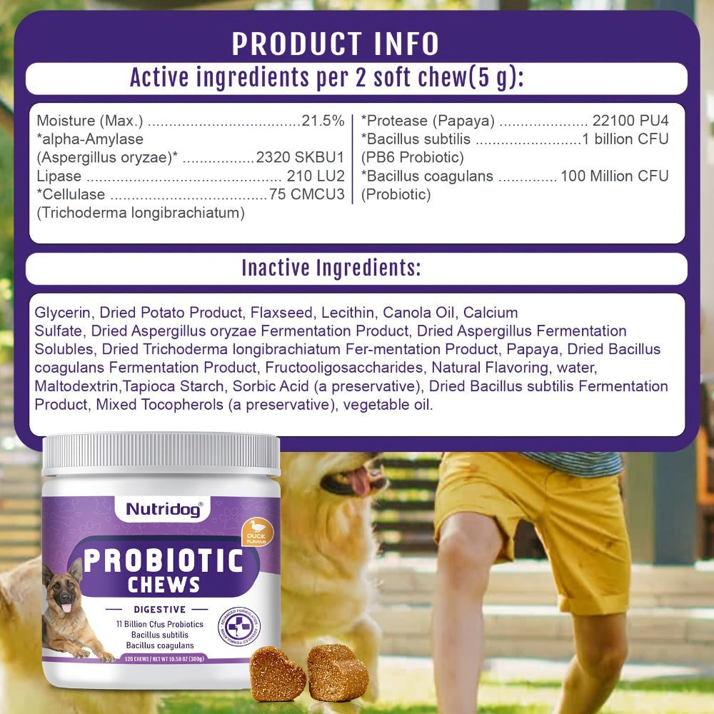 Probióticos para Perros en Masticables, Sabor a Pato - Apoya la Salud Intestinal, Equilibrio Digestivo - Masticables Suaves con Prebióticos y Probióticos (120 Unidades) (Pato)
