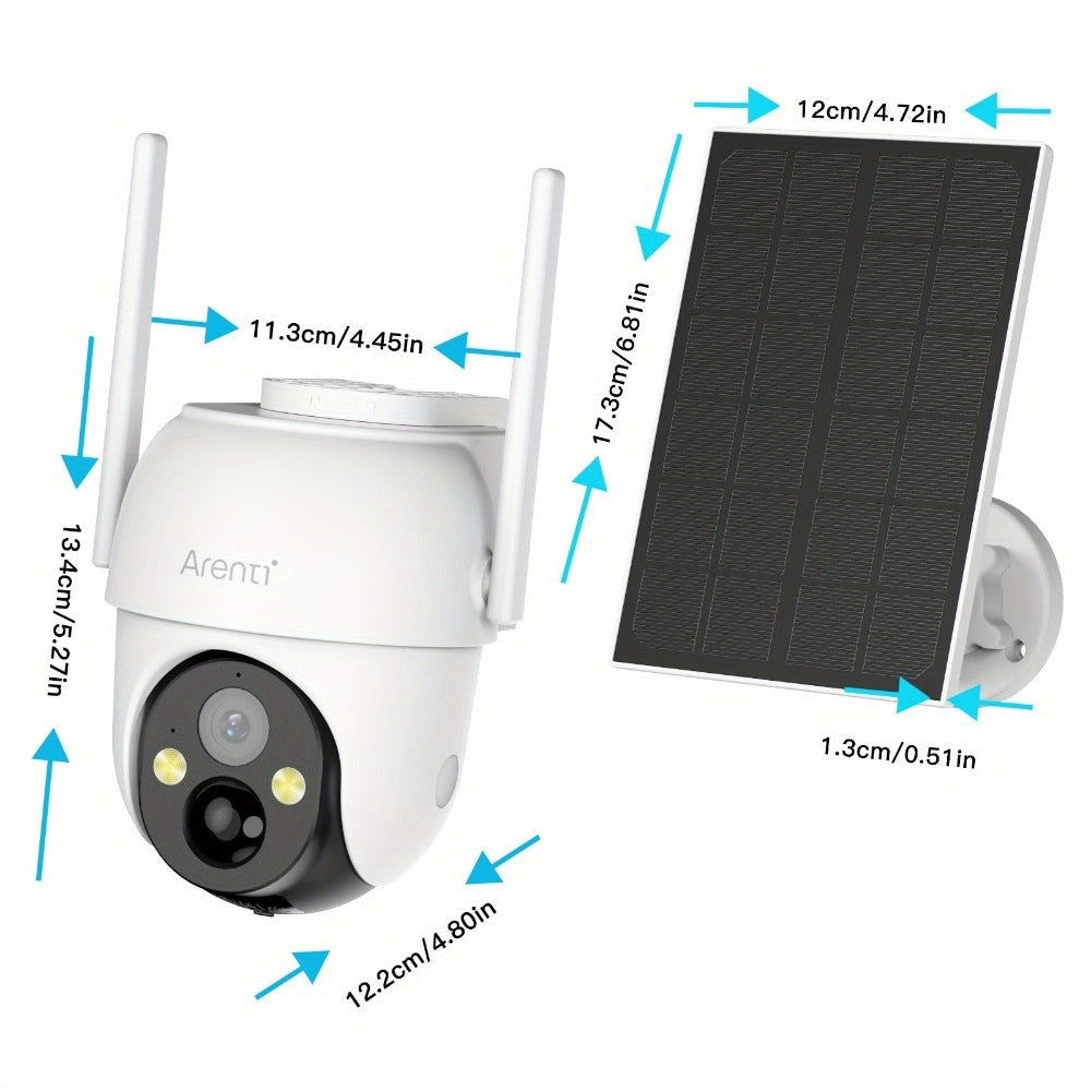 Cámara de seguridad exterior Arenti de 3MP con energía solar, PTZ 360° Pan-Tilt-Zoom, visión nocturna a color, sensor de movimiento PIR, audio bidireccional, foco y alarma de sirena, alta calidad, WiFi inalámbrico, alimentada por batería y USB, grabación
