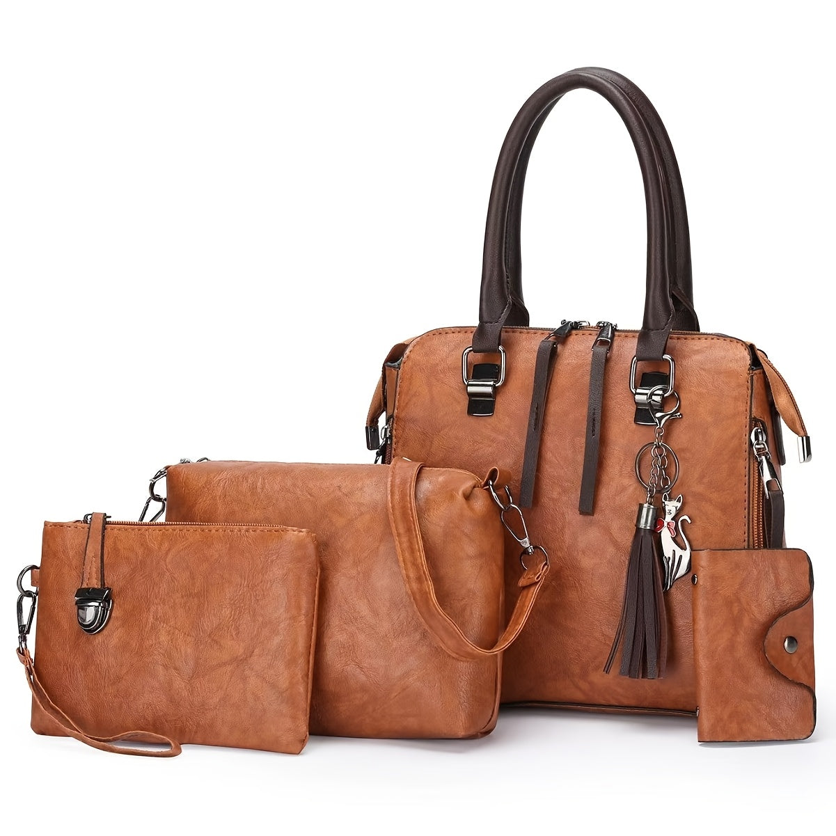 Conjunto de 4 piezas de bolsos para mujer, moderno y versátil, incluye bolso tote retro, bolso cruzado de hombro, bolso de mano, billetera, bolso tote grande de PU con cera de aceite, borlas, ideal para el día a día, viajes y como regalo