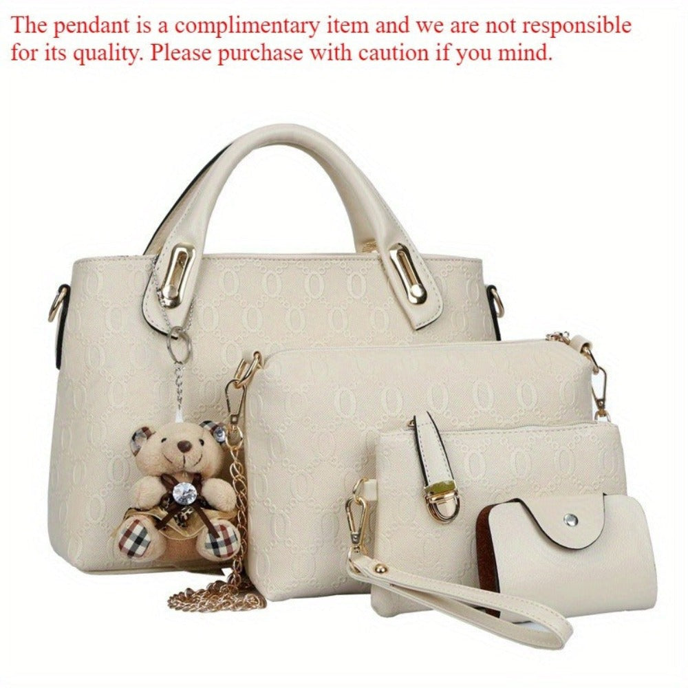 Juego de 4 piezas de bolso para mujer de moda retro con relieve, bolso tote simple de gran capacidad, bolso cruzado casual y versátil de un solo hombro, un colgante de oso al azar, bolso de mano portátil, monedero, adecuado para desplazamientos diarios, v